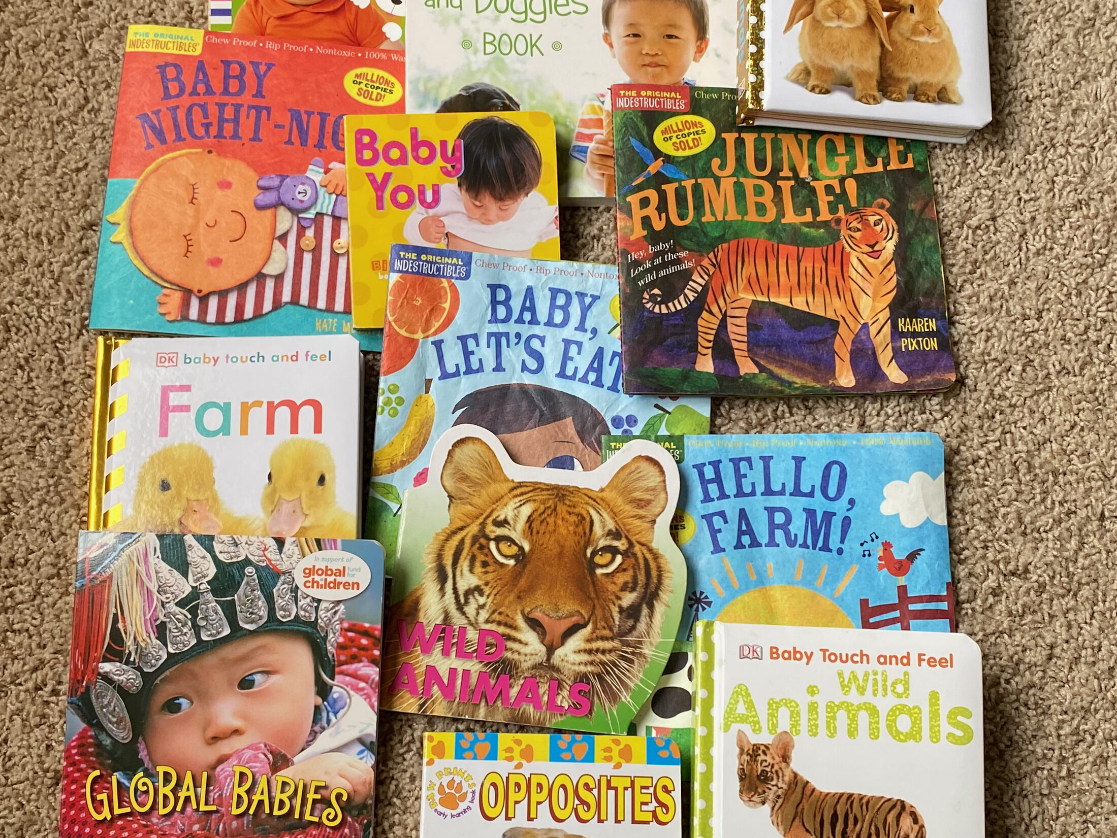Collage of books my 8 month old is obsessed with. Indestructibles, Baby Touch and Feel, Montessori, Sensory Toddler Books